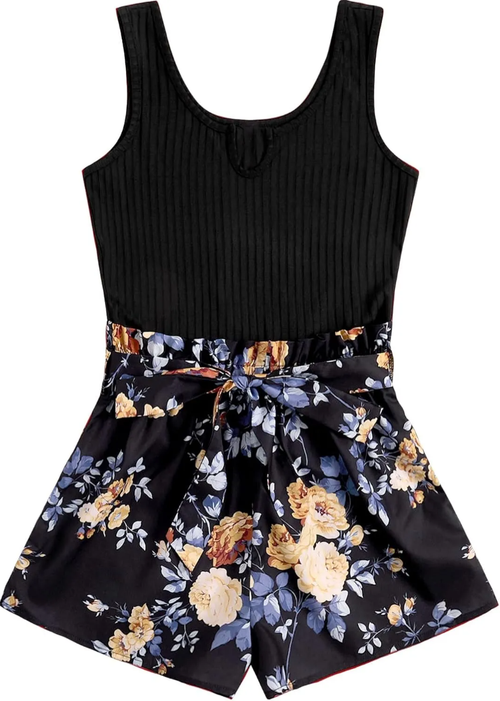 Women's Summer Sleeveless Belted Tank Romper Short Jumpsuit